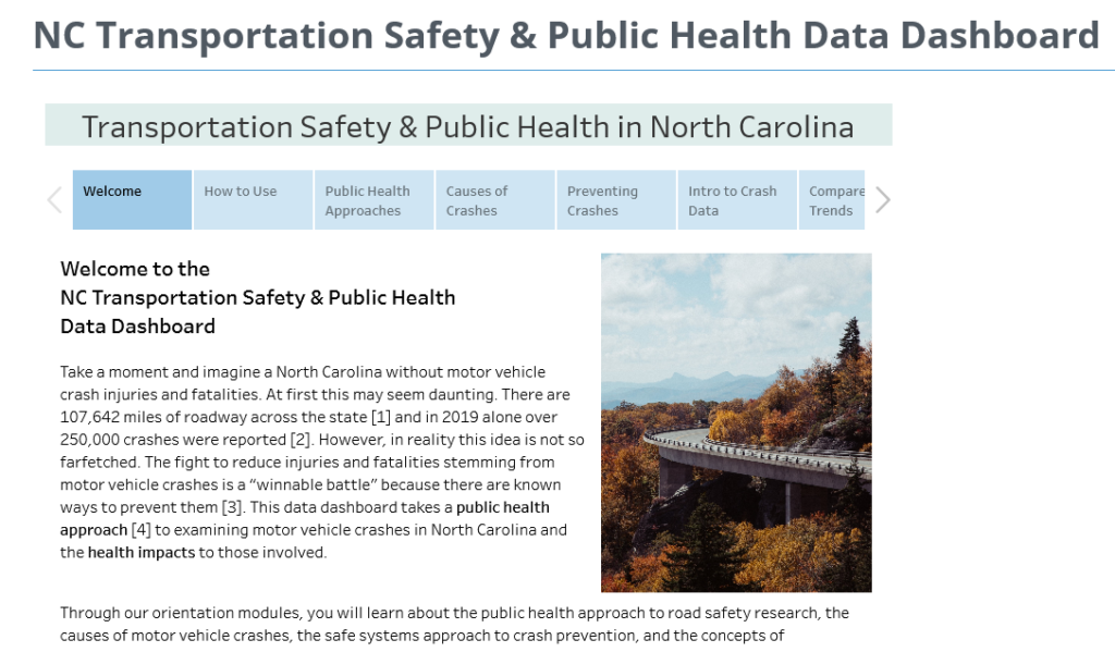 Screenshot of the NC Transportation Safety and Public Health Data Dashboard