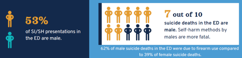 A graphic showing that 7 out of 10 ED visits for suicide attempt that result in death in the ED are by males.